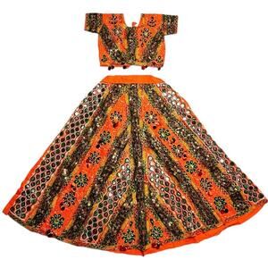 New Orange Cotton Banjara Chaniya Choli from Rajasthan with Mirrors & Embroidery